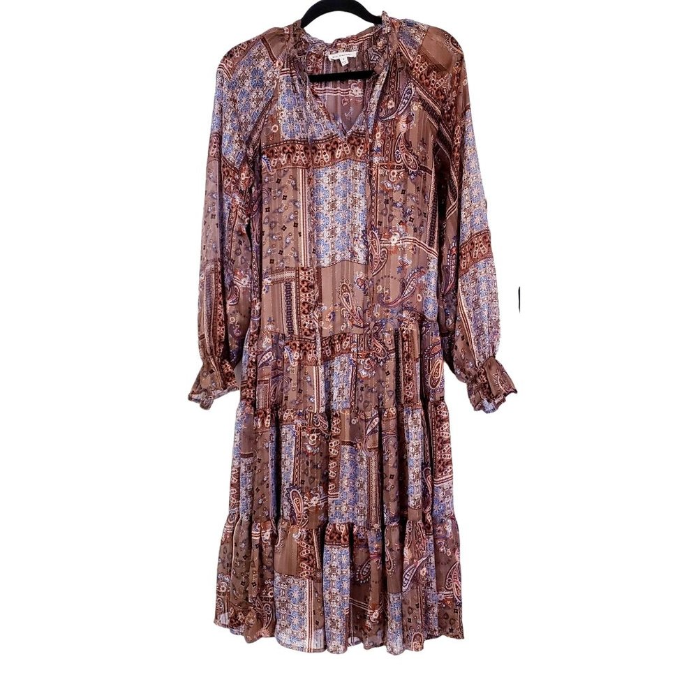 Blu Pepper Maxi dress size Smalllong‎ sleeve ruffle hem blue tan gold thread